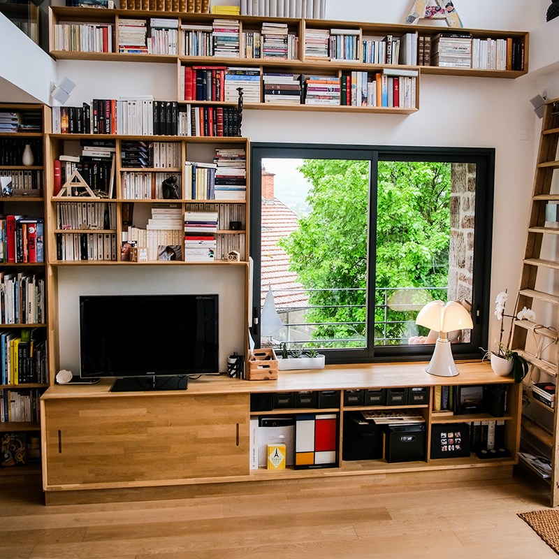 Meuble de bibliothèque design, sur mesure en chêne